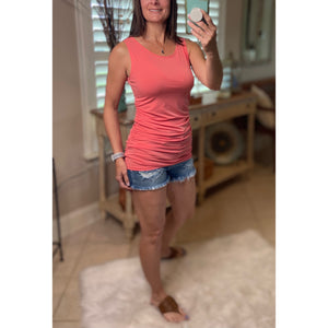 "All Summer Long" Scoop Neck Ruched Gathered Sides Sleeveless Summer Top Deep Coral S/M/L/XL