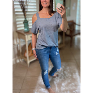 Very Sexy Distressed One Cold Shoulder Cutout Top Blue S/M/L