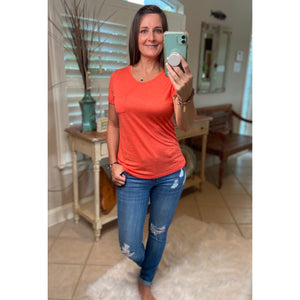 Very Sexy Sheer Burnout Melange Tissue Scoop Neck Top Shirt Tee Orange S/M/L