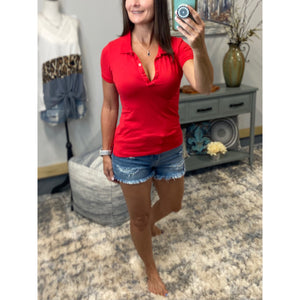 Basic Polo Low Cut Henley Collar Slim Fitted Preppy Stretch Top Red S/M/L