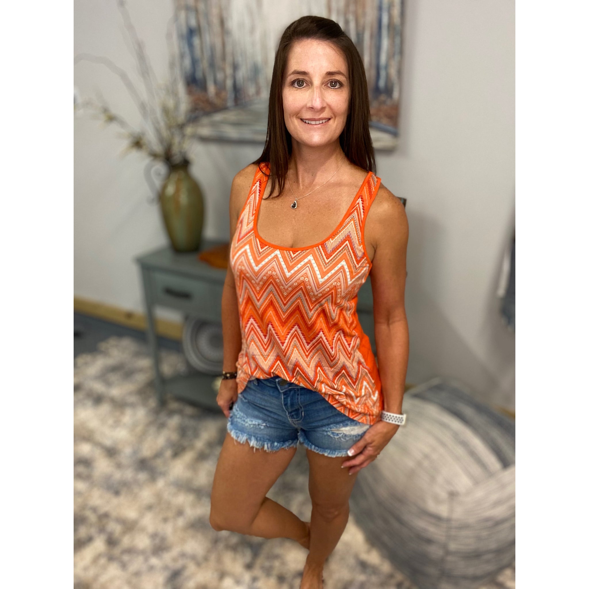 "Crushing It" Chevron Striped Low Cut Summer Racerback Floaty Tank Top Tunic Orange S/M/L