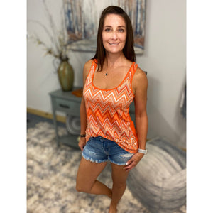 "Crushing It" Chevron Striped Low Cut Summer Racerback Floaty Tank Top Tunic Orange S/M/L