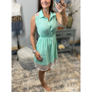 Henley Collar Button Up Lace Sleevless Boho Shirt Dress Mint Green S/M/L