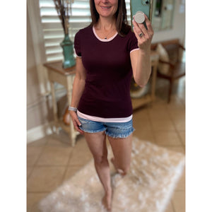 Very Sexy Crew Neck Baby Slimming Sheer Top Tee Brown Maroon Trim S/M/L/XL/XXL