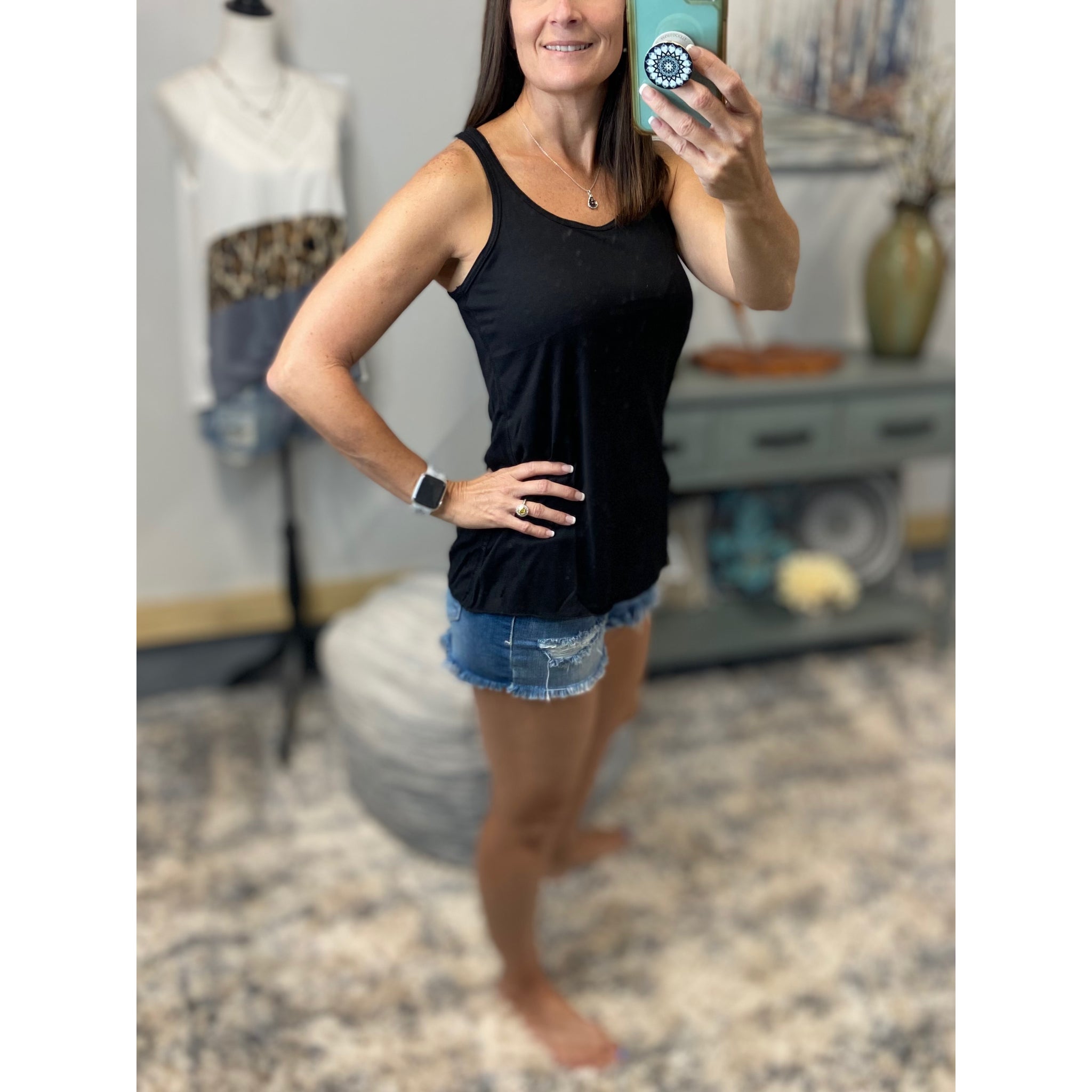 Ruched Racerback Scoop Neck Floaty Cleavage Tank Black Top S/M/L/XL/XXL