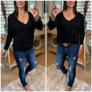 Dolman Open Neck Batwing Blouse Shirred Long Sleeve Top Shirt Black S/M/L