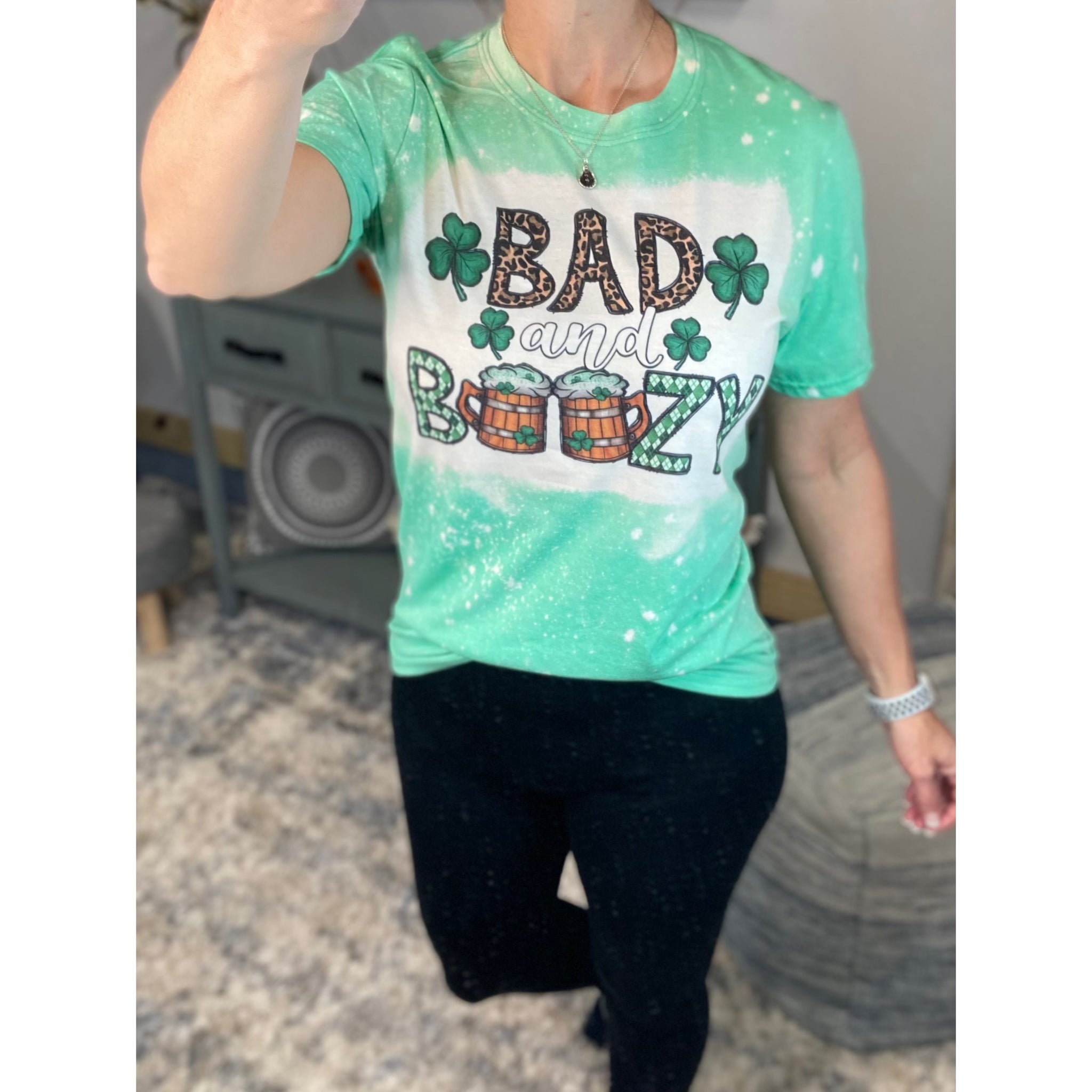 “Bad and Boozy” St. Patrick’s Day Bleached Sublimation Boyfriend Basic Tee Shirt Green S/M/L/XL/2X
