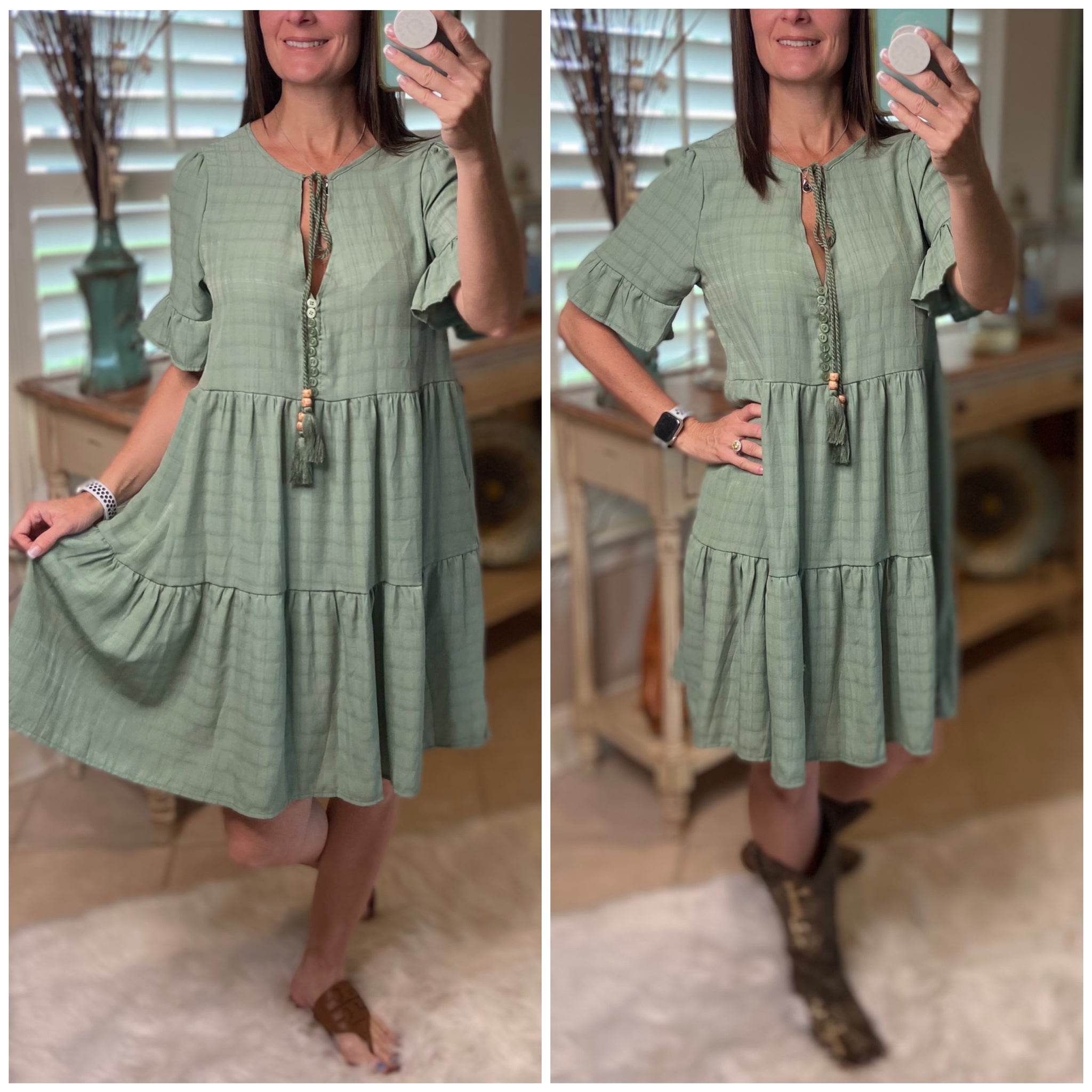 “Summer Breeze” Boho Tiered Striped V-Neck Tassel Ruffle Sleeve Babydoll Chic Dress Sage S/M/L/XL