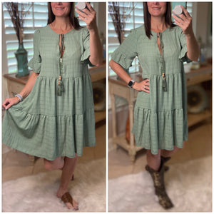 “Summer Breeze” Boho Tiered Striped V-Neck Tassel Ruffle Sleeve Babydoll Chic Dress Sage S/M/L/XL