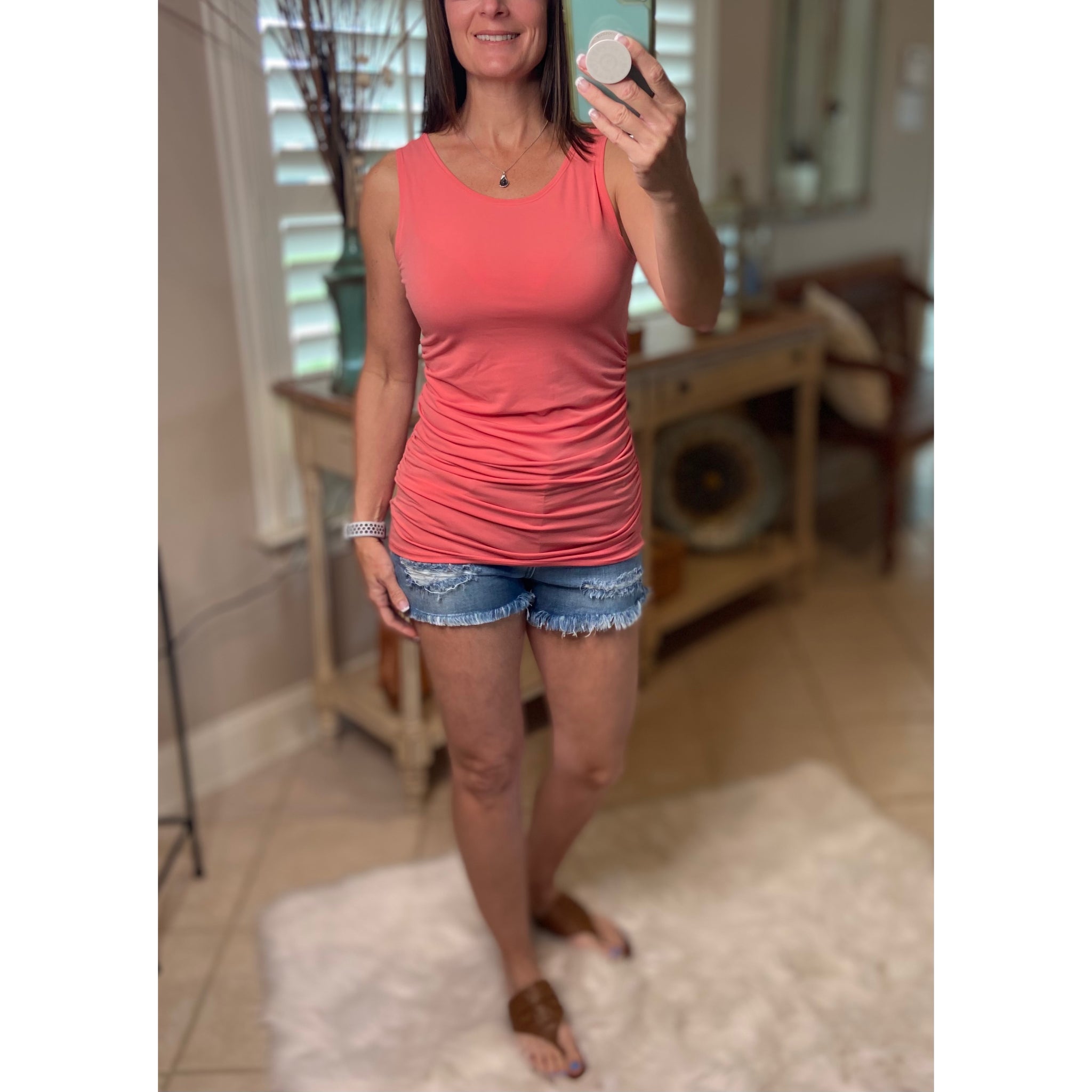 "All Summer Long" Scoop Neck Ruched Gathered Sides Sleeveless Summer Top Deep Coral S/M/L/XL