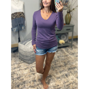 “Easygoing” Loose Slimming V Neck Low Cut Long Sleeve Tissue Basic Baby Shirt Top Lilac