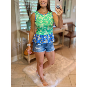 Floral Peplum V-Neck Sleeveless Ruched Babydoll Top Blue Green S/M/L