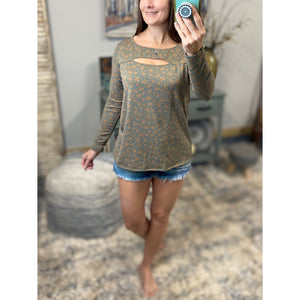 “Say It Ain't So” Floral Cut Out Bust Cleavage Long Sleeve Round Neck Soft Loose Top Gray