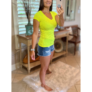 Burnout Low V-Neck Cleavage Baby Slimming Tee Shirt Neon Yellow S/M/L/XL