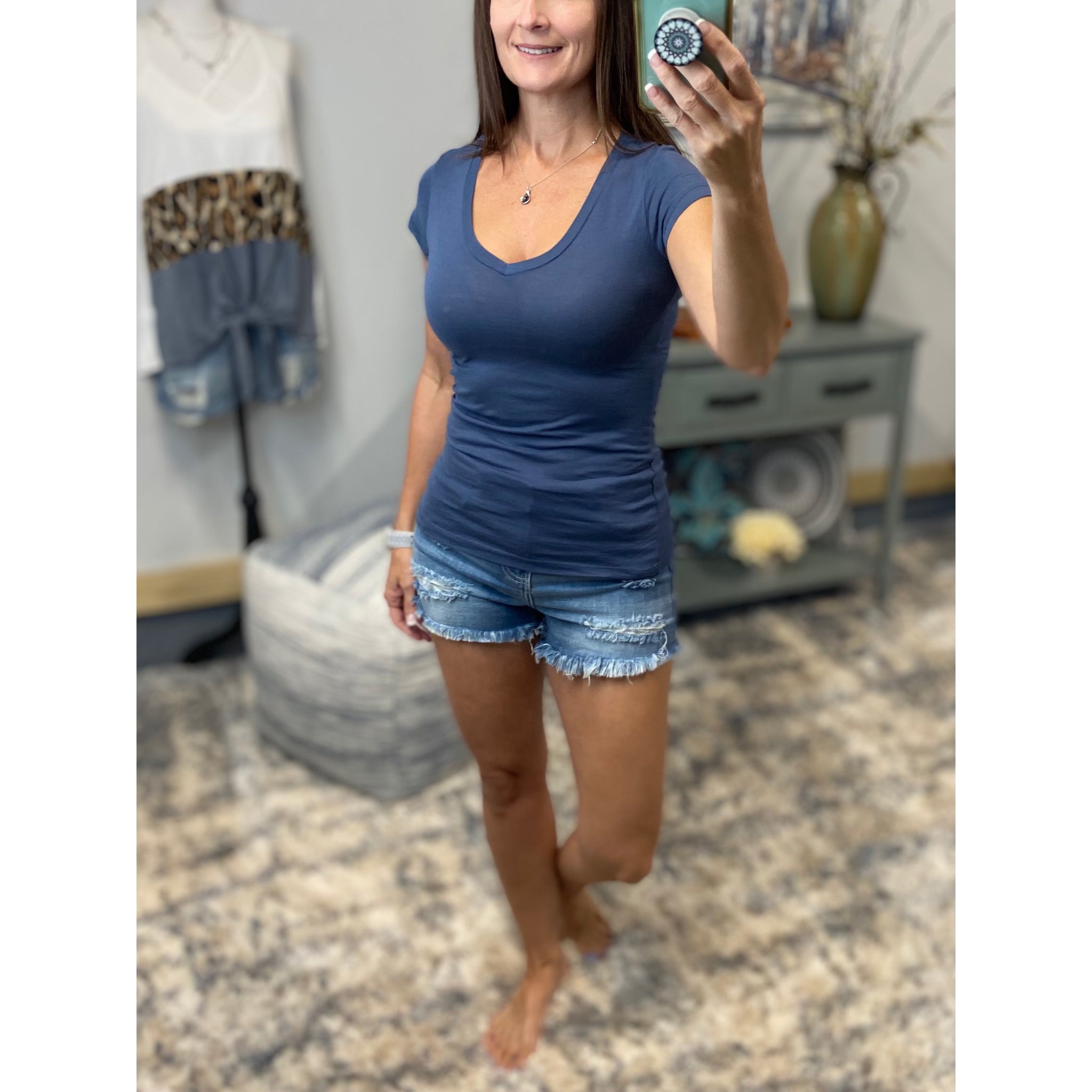 “Basic Babe” Low Cut V-Neck Cleavage Baby Slimming Basic Tee Shirt Top Blue S/M/L