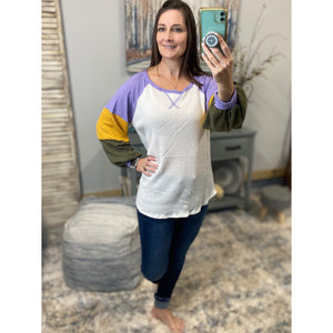 “Mambo Mama” Mardi Gras Waffle Color Block Balloon Sleeve Shirt Purple Green & Gold Ivory