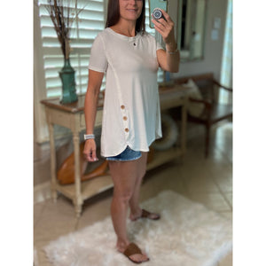 "I Gotta Feeling" Round Neck Floaty Tunic Short Sleeve Wood Button Detail Ivory S/M/L/XL
