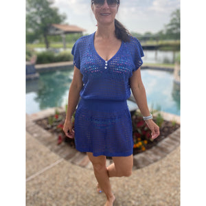 “Ocean Eyes” Crochet Mesh V Neck Mini Beach Swimsuit Cover Up Beach Pool Royal Blue One Size