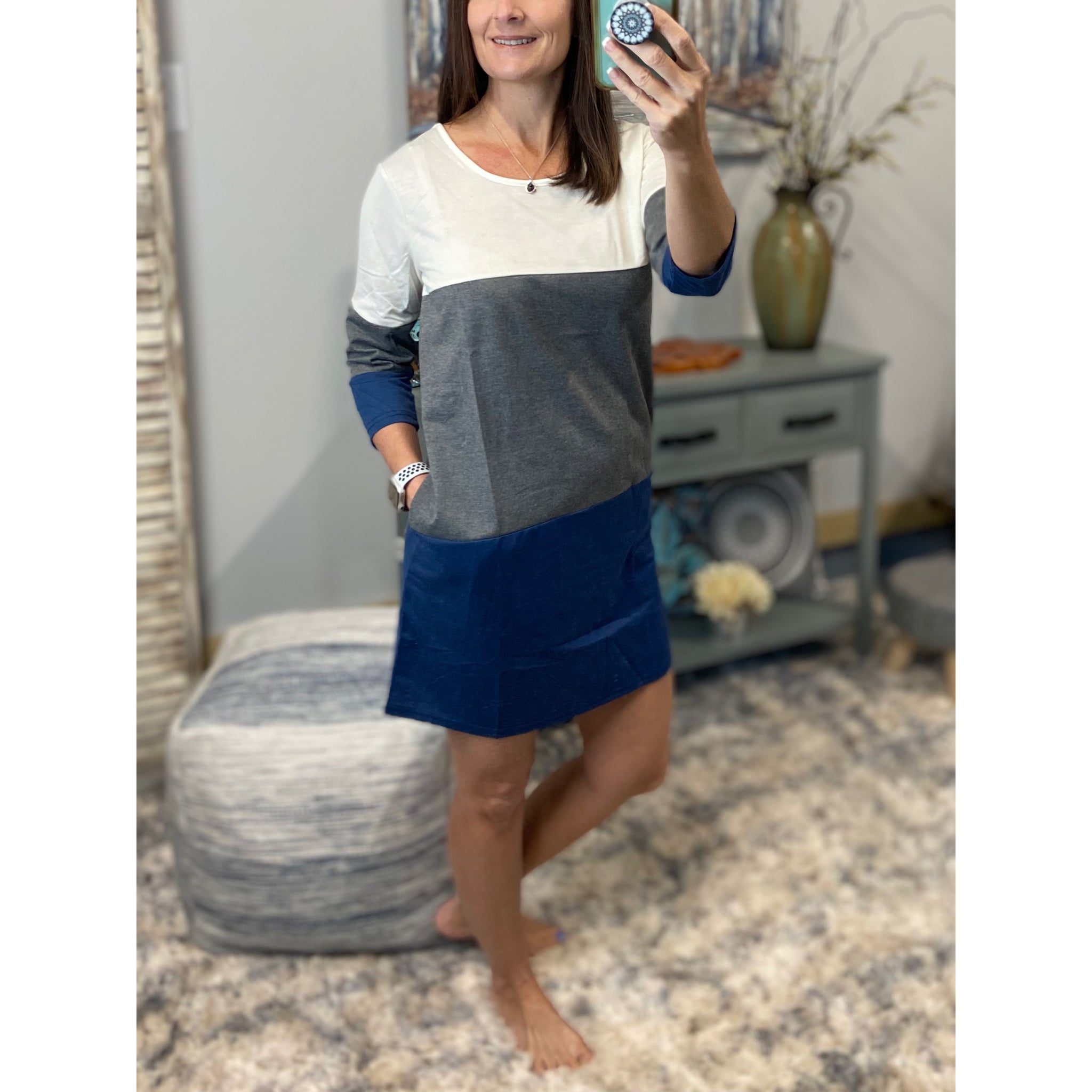 "Let It Be" Scoop Neck Color Block 3/4 Sleeve Pocket Shift Dress Navy Gray