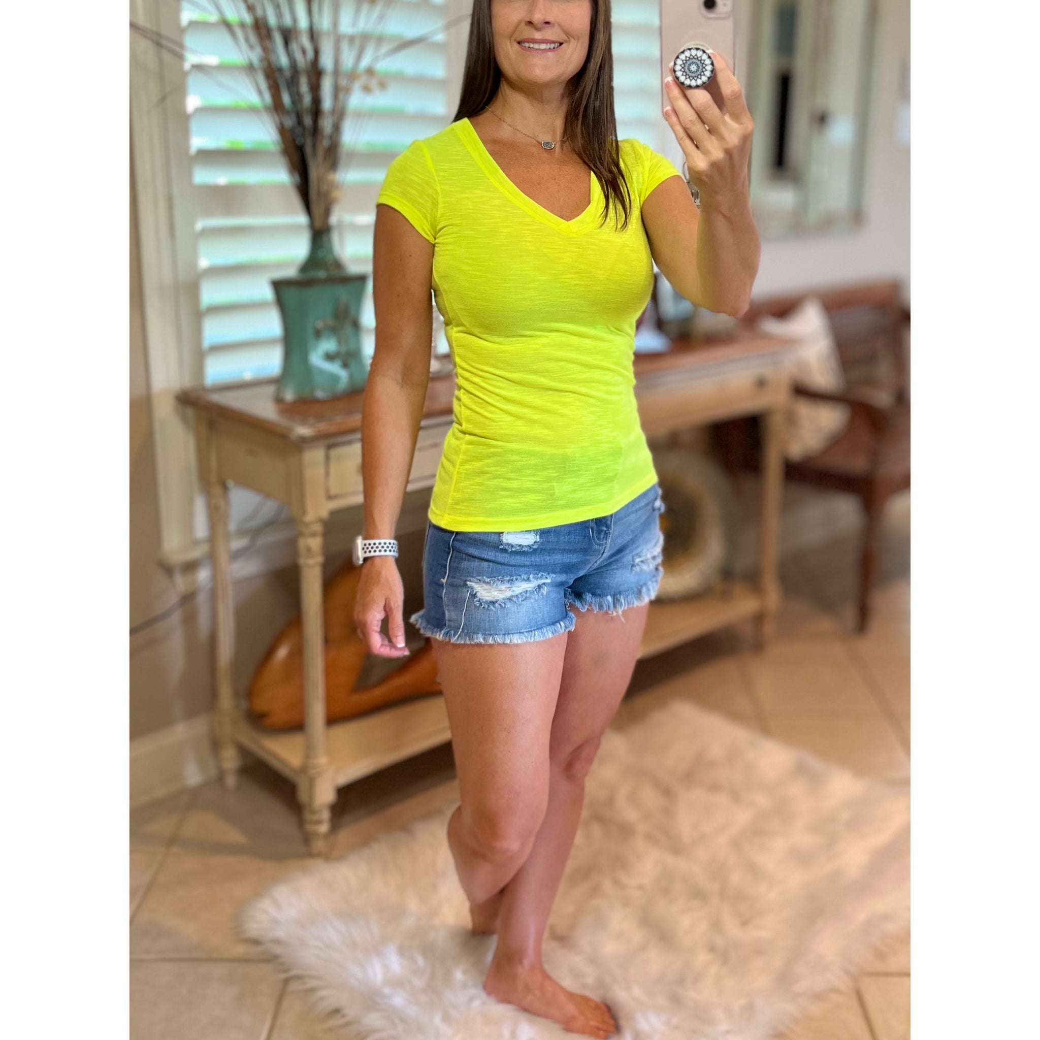 Burnout Low V-Neck Cleavage Baby Slimming Tee Shirt Neon Yellow S/M/L/XL