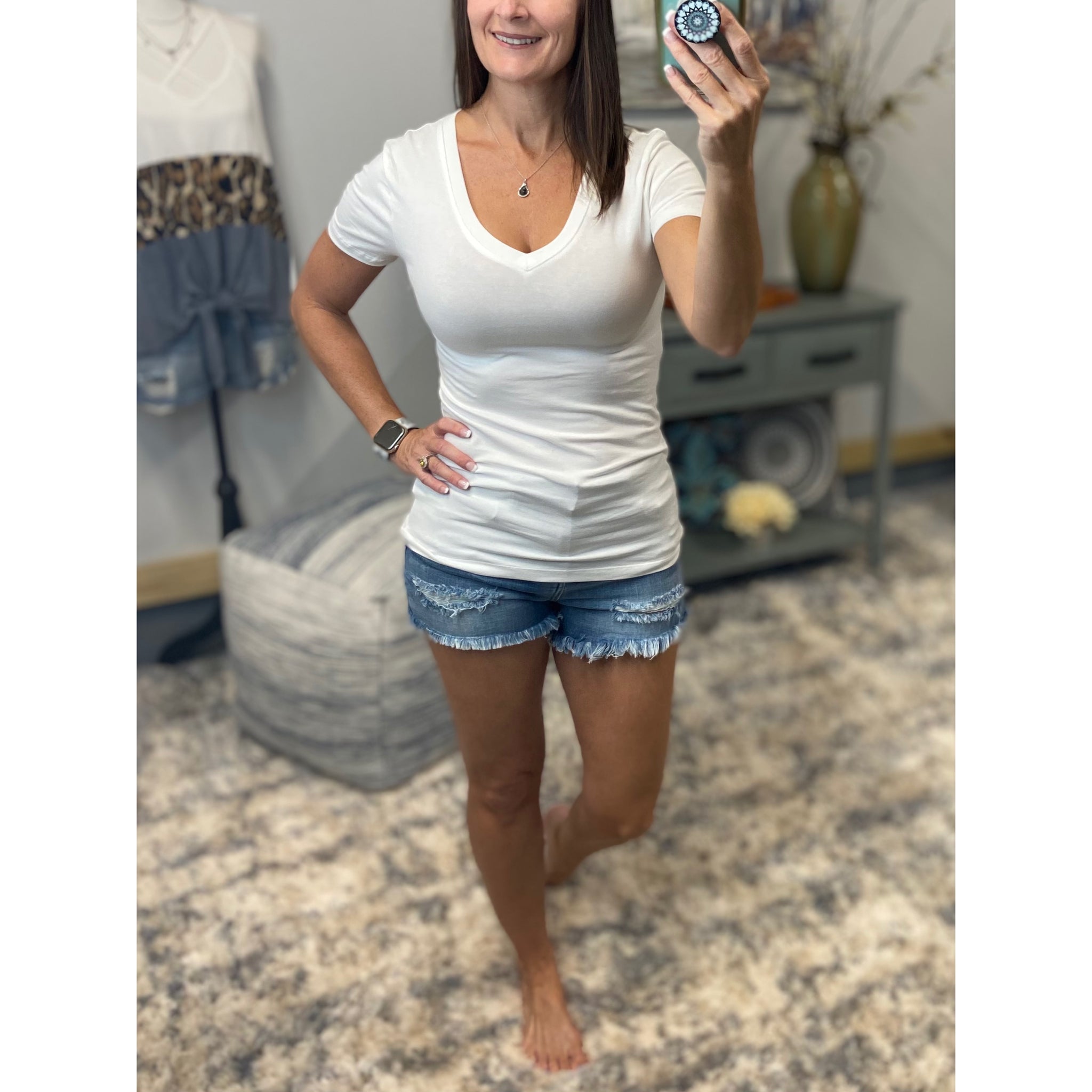 “Basic Babe” Low Cut V-Neck Cleavage Baby Slimming Basic Tee Shirt White 1X/2X/3X