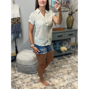 “Never Too Much” Striped V Neck Preppy Country Collar Pocket Button Up Tab Short Sleeve Sage