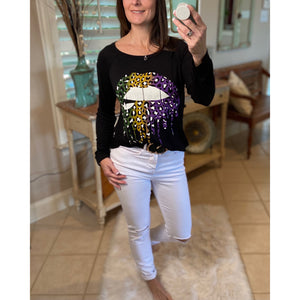 “Throw Me Something Mister” Mardi Gras Lips Wide Neck Off Shoulder Purple Green & Gold