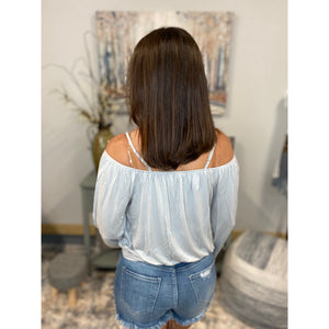 Very Sexy V-Neck Cold Shoulder Cutout Lace Up Floaty Top Gray