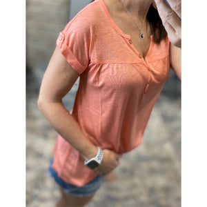 “Just Be You” Sheer Burnout Melange Tissue V-Neck Henley Tab Sleeve Shirt Floaty Tee Peach