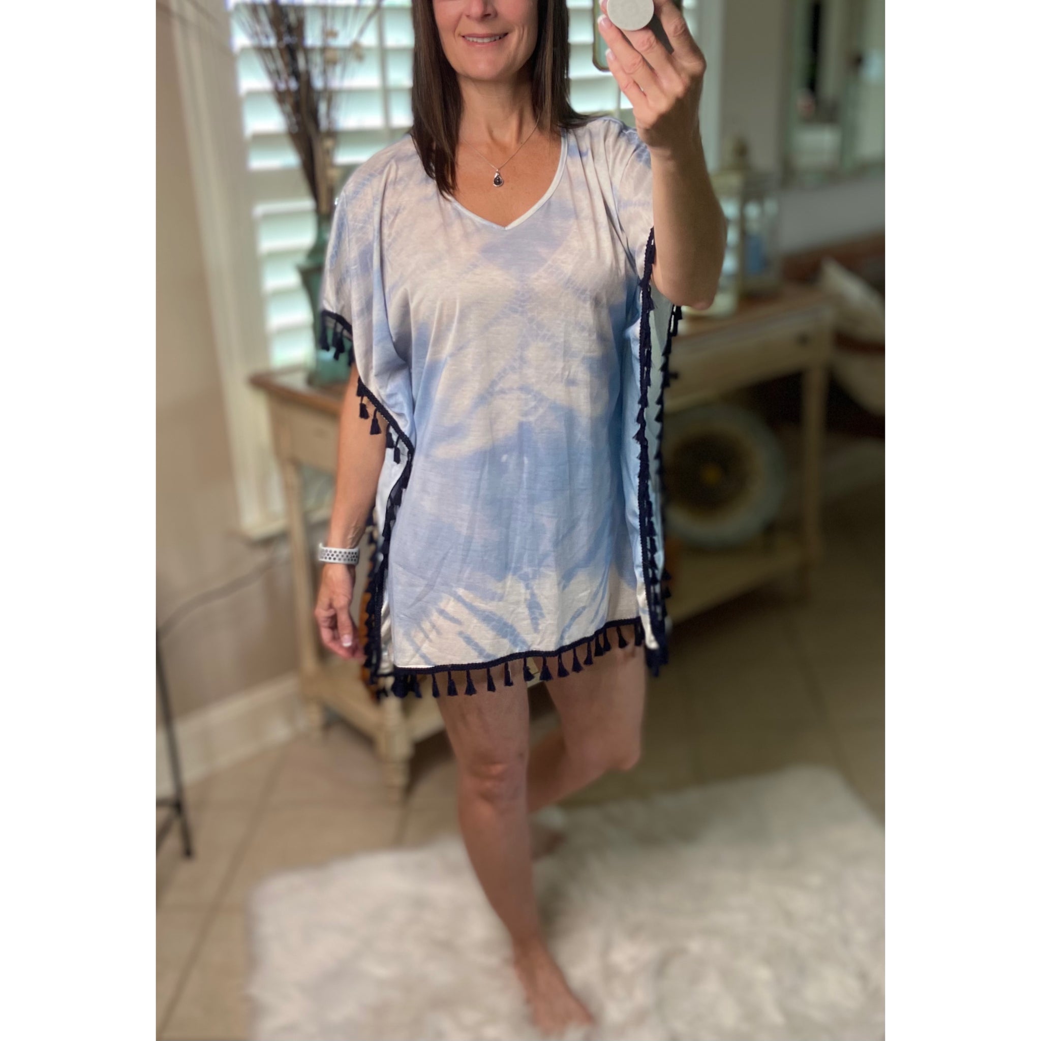 “Beach Bound” Tie Dye Beach Cover Up Pool Chic Boho Tassel Hem Mini Vibrant Vacation Blue OS
