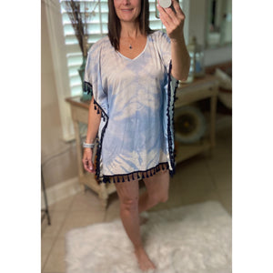 “Beach Bound” Tie Dye Beach Cover Up Pool Chic Boho Tassel Hem Mini Vibrant Vacation Blue OS