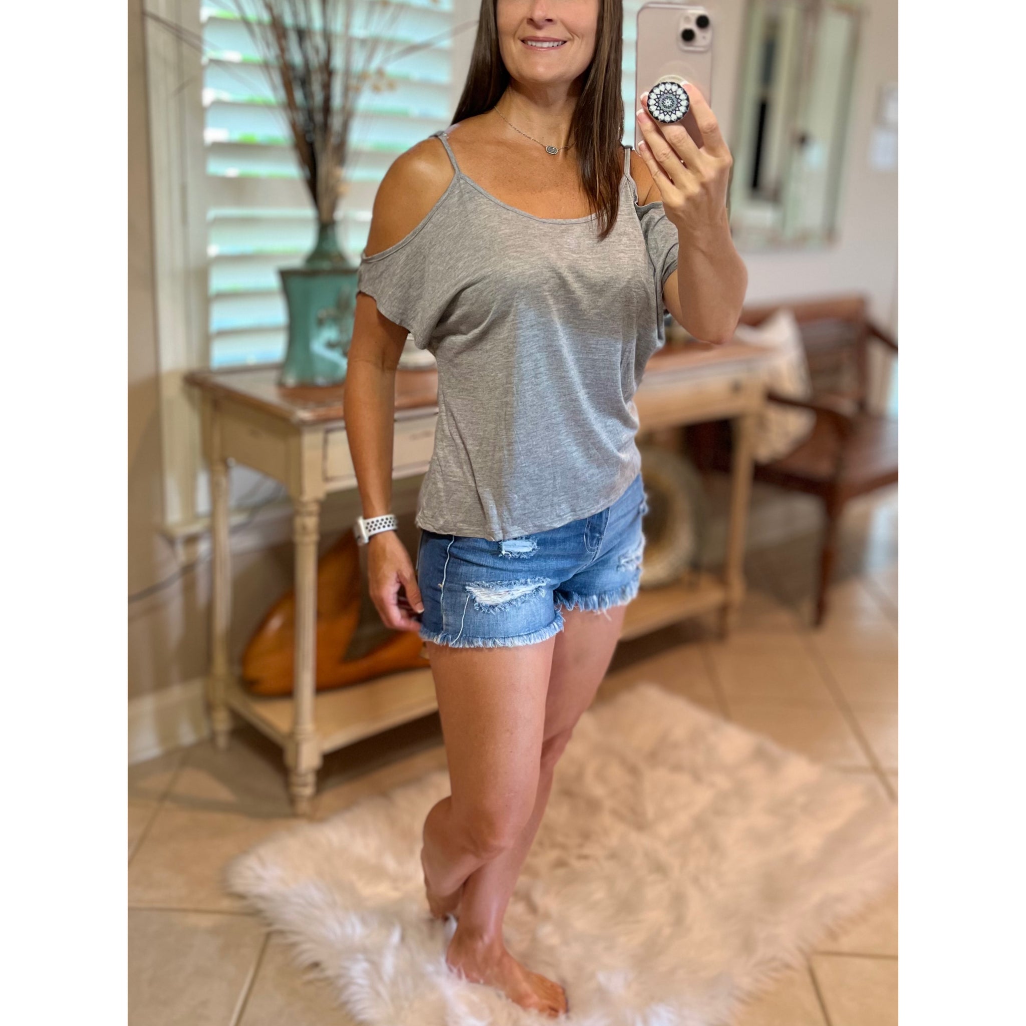 Scoop Neck Cold Shoulder Cutout Dolman Drape Cleavage Top Gray S/M/L