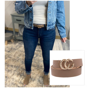 Double C Metal Buckle Faux Leather Belt Taupe Gold