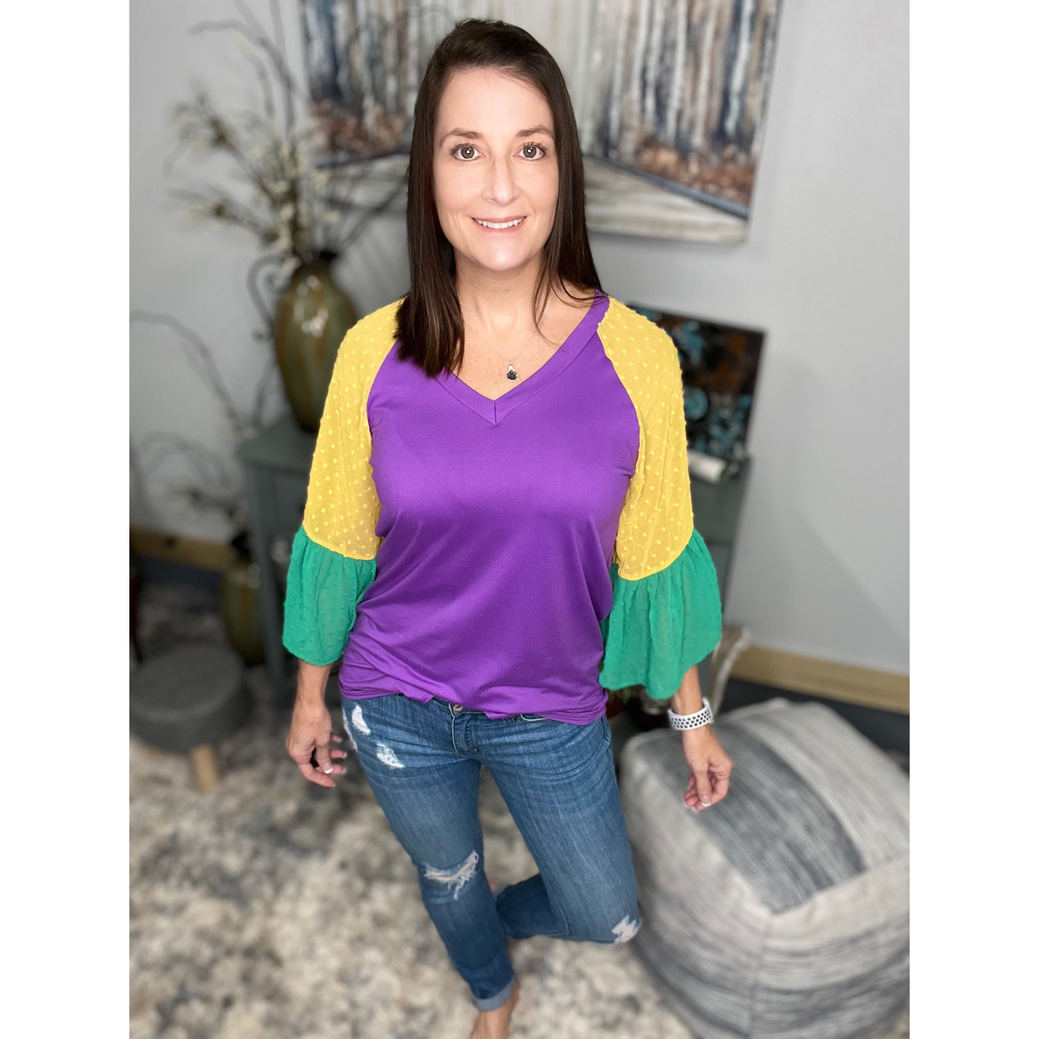 "Beads or Bust" Mardi Gras Color Block Swiss Dot Flutter Bell Sleeves V Neck Tie Bottom Shirt Purple Green & Gold