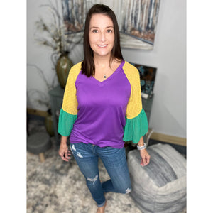 "Beads or Bust" Mardi Gras Color Block Swiss Dot Flutter Bell Sleeves V Neck Tie Bottom Shirt Purple Green & Gold