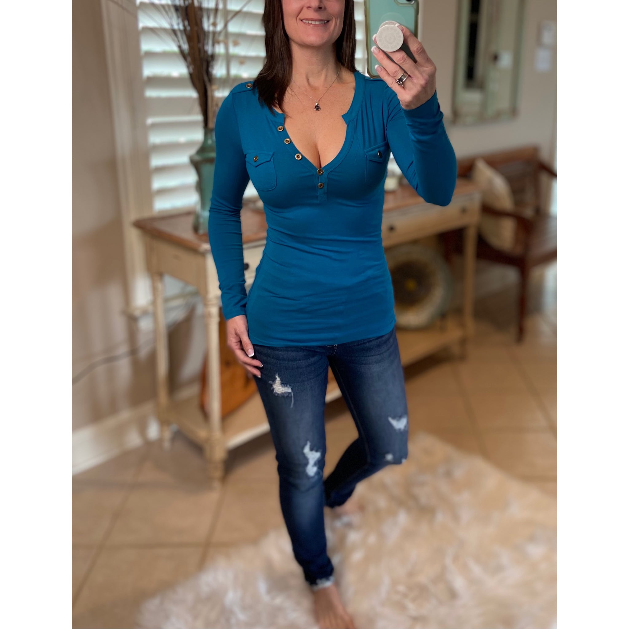 Sexy Deep V Neck Plunge Cleavage Military Henley Pocket Long Sleeve Top Teal