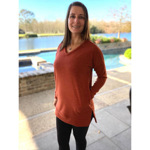 “Falling In Love” Oversized Pocket Sweater V Neck Split Side Banded Bottom Rust