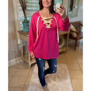 “All The Rage” V Neck Lace Up Eyelet Tie Caged French Terry Deep V-Neck Long Sleeve Pink