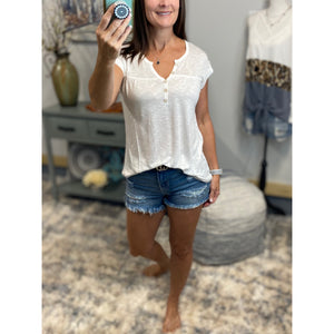 “Just Be You” Sheer Burnout Melange Tissue V Neck Henley Tab Sleeve Shirt Floaty Tee White S/M/L