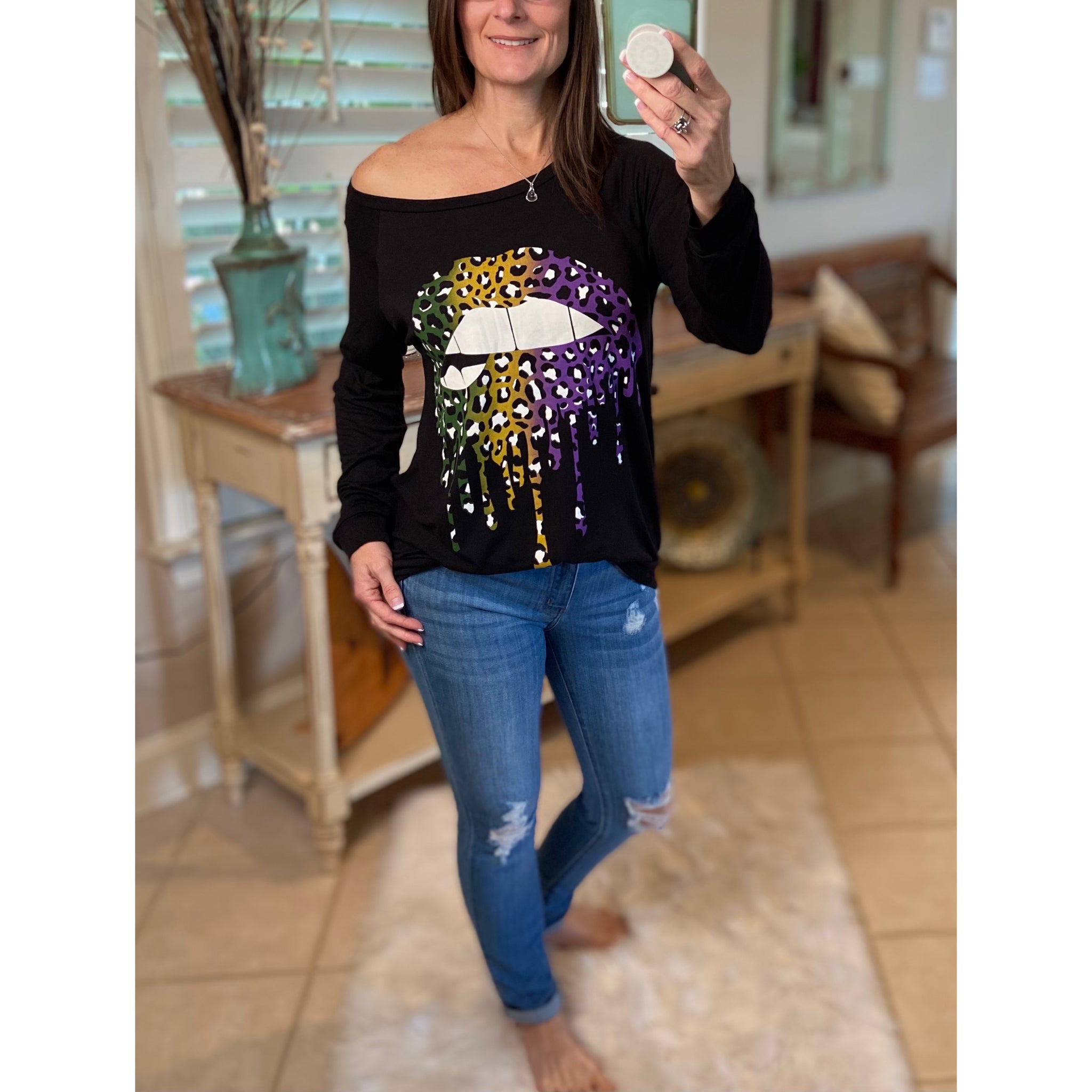 “Throw Me Something Mister” Mardi Gras Lips Wide Neck Off Shoulder Purple Green & Gold