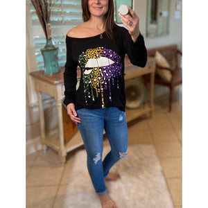“Throw Me Something Mister” Mardi Gras Lips Wide Neck Off Shoulder Purple Green & Gold