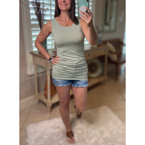 "All Summer Long" Scoop Neck Ruched Gathered Sides Sleeveless Summer Top Sage S/M/L/XL