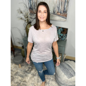 "Clouds Roll In" Wide Boat Neck Dolman Gauze Rolled Sleeve Ruched Sides Tunic Top Light Gray