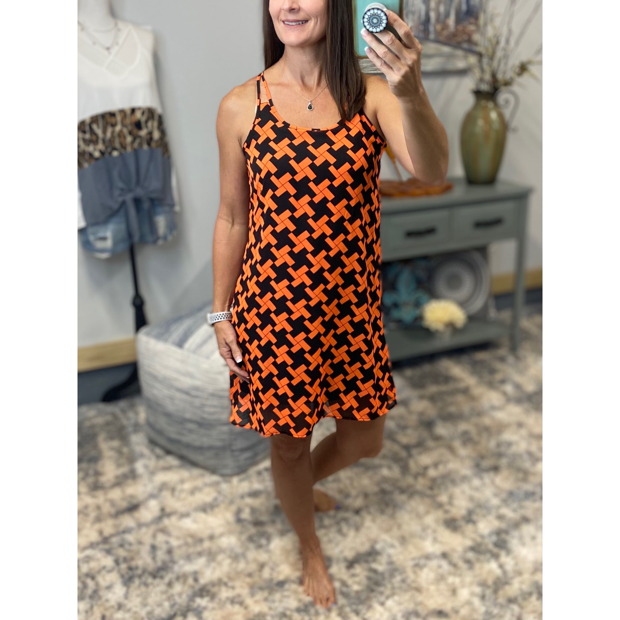 "My Way" Chiffon Double Strap Racerback Sheer Overlay Dress Geometric Orange Navy S/M/L
