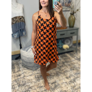 "My Way" Chiffon Double Strap Racerback Sheer Overlay Dress Geometric Orange Navy S/M/L