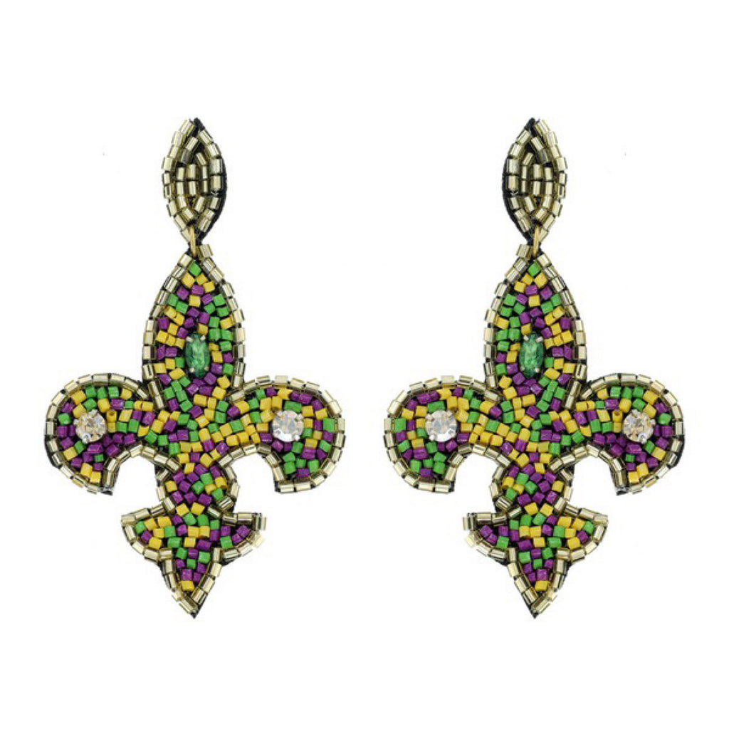“All Hail Rex” Fleur de Lis Mardi Gras Seed Bead Post Earrings Purple Green & Gold