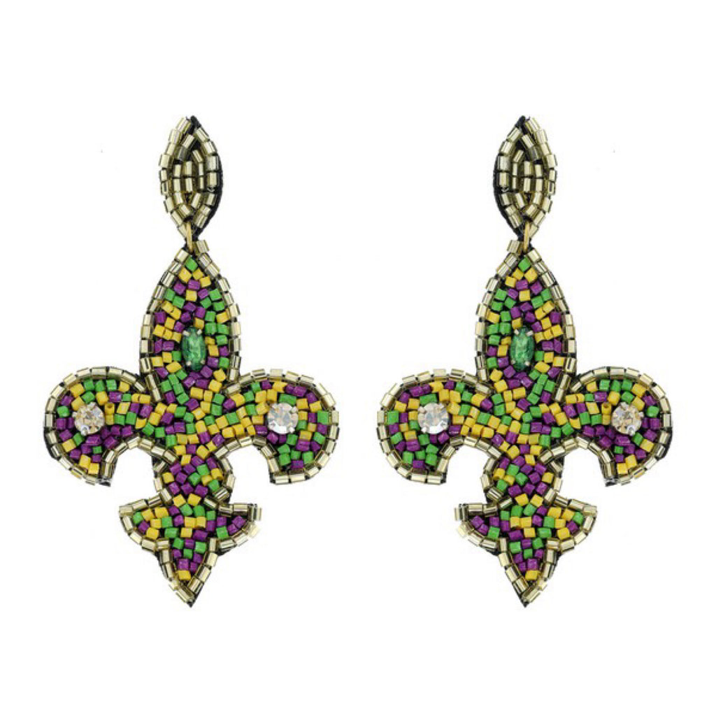 “All Hail Rex” Fleur de Lis Mardi Gras Seed Bead Post Earrings Purple Green & Gold
