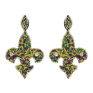 “All Hail Rex” Fleur de Lis Mardi Gras Seed Bead Post Earrings Purple Green & Gold