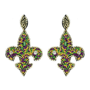 “All Hail Rex” Fleur de Lis Mardi Gras Seed Bead Post Earrings Purple Green & Gold