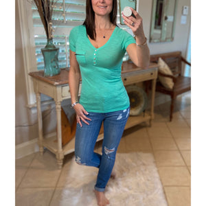 Sexy Deep V Neck Plunge Cleavage Button Henley Zipper Pocket Top Mint